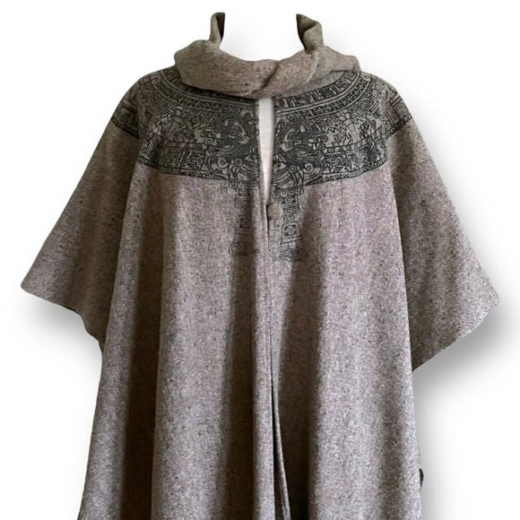 Vintage 1980s Womens Wool Blanket Cape O/S Aztec South American Art Print Boho - Picture 4 of 15